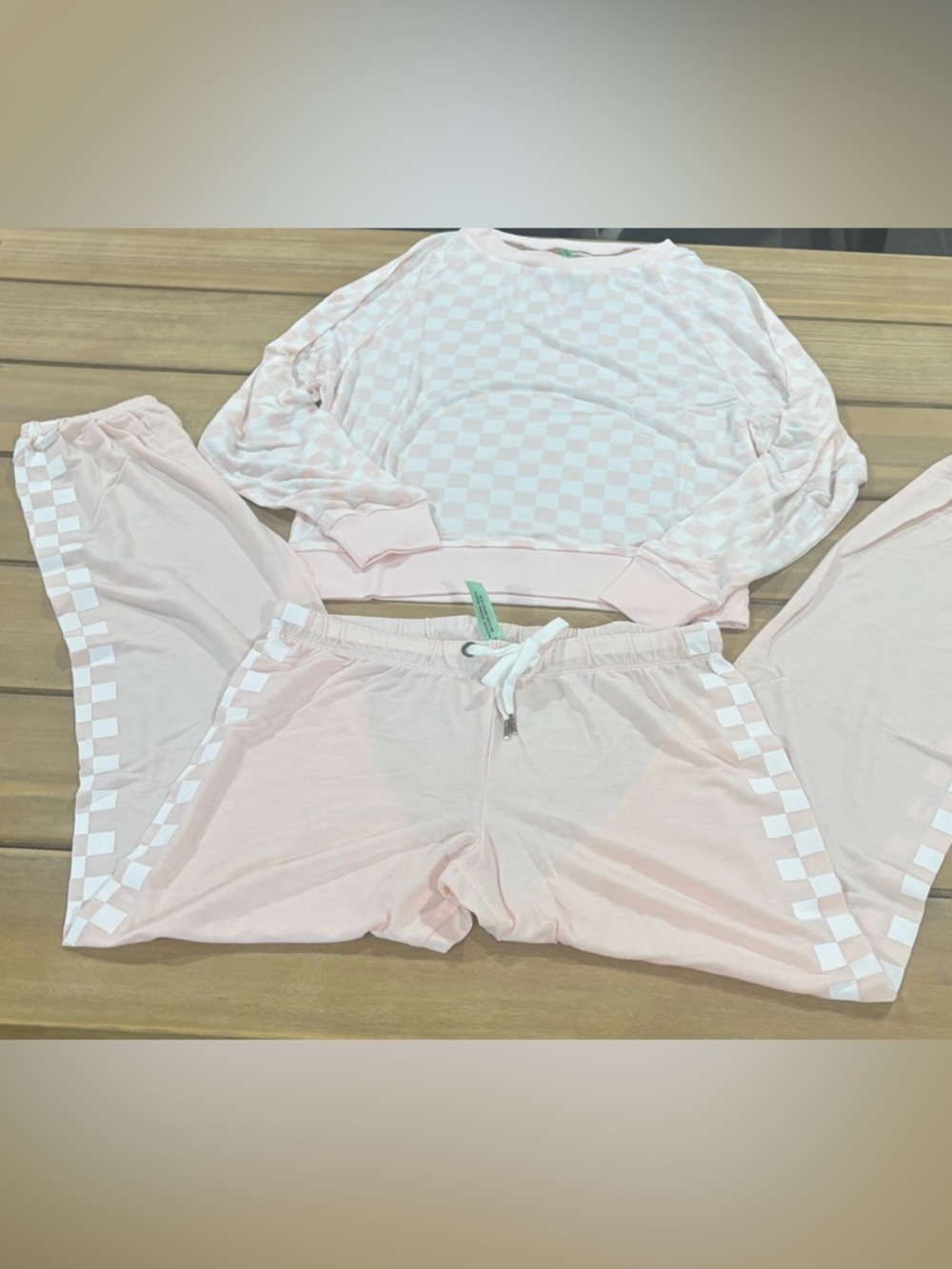New Honeydew Star Seeker Brushed Jersey Lounge Set Sand Bar Check Pink White XS